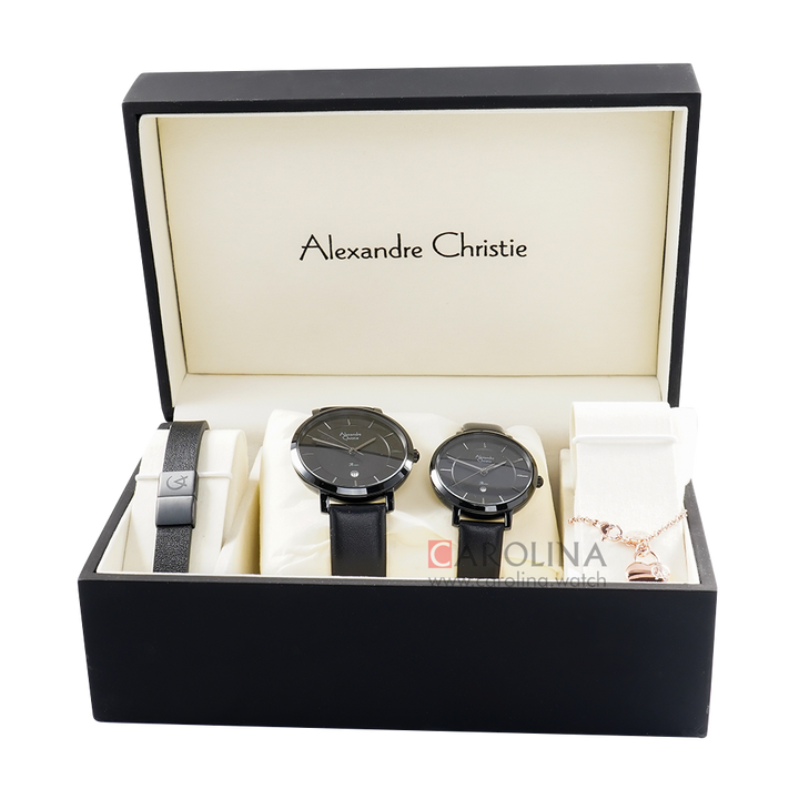 Jam Tangan Alexandre Christie AC 8666 M/LDLIPBA Couple Black Dial Black Leather Strap