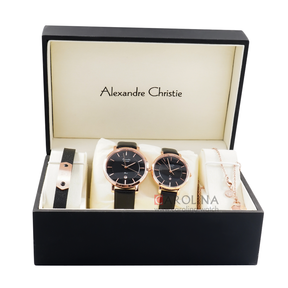 Jam Tangan Alexandre Christie AC 8666 M/LDLRGBA Couple Black Dial Black Leather Strap