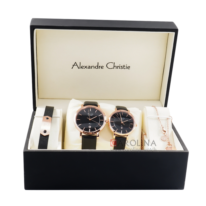 Jam Tangan Alexandre Christie AC 8666 M/LDLRGBA Couple Black Dial Black Leather Strap