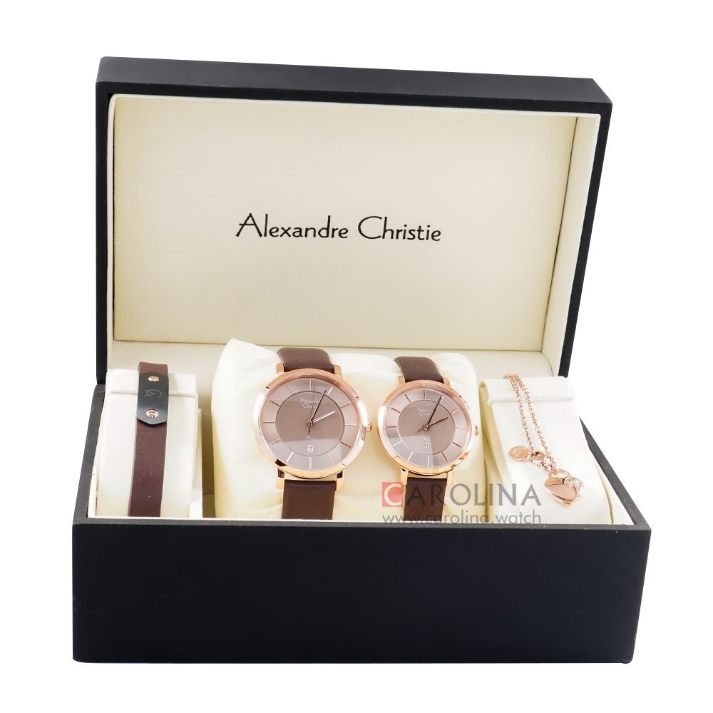 Jam Tangan Alexandre Christie AC 8666 M/LDLRGBO Couple Brown Dial Brown Leather Strap