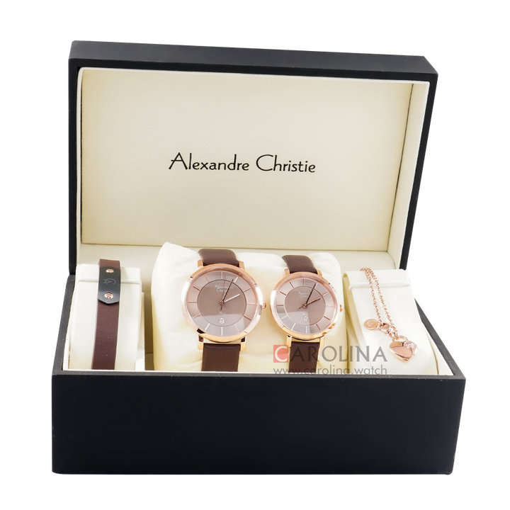Jam Tangan Alexandre Christie AC 8666 M/LDLRGBO Couple Brown Dial Brown Leather Strap