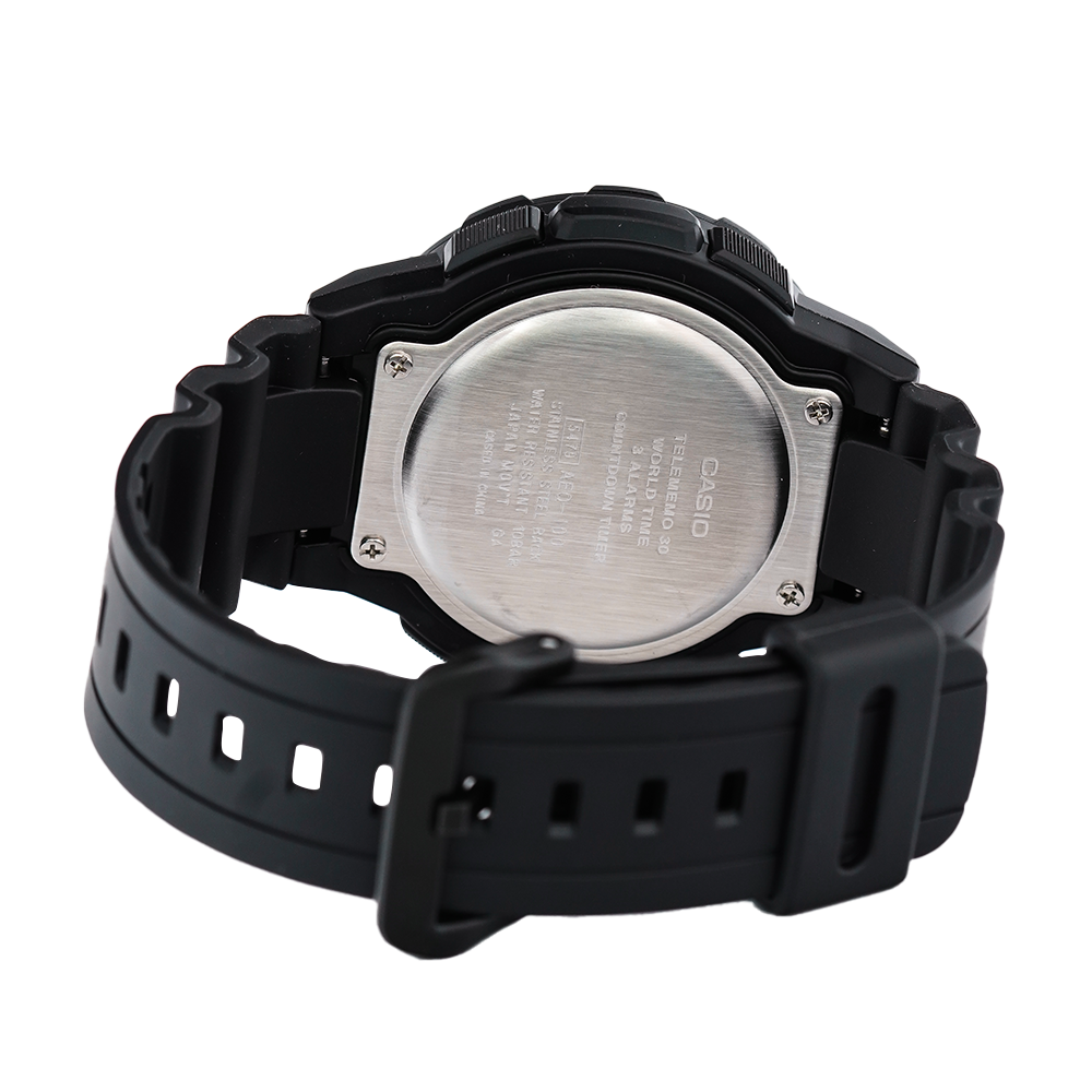 Jam Tangan Casio General AEQ-100BW-9A Men Digital Analog Dial Black Resin Band