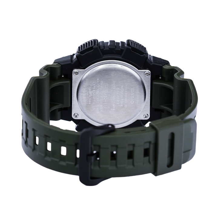 Jam Tangan Casio General AEQ-110W-3A Men Black Digital Analog Dial Green Resin Strap