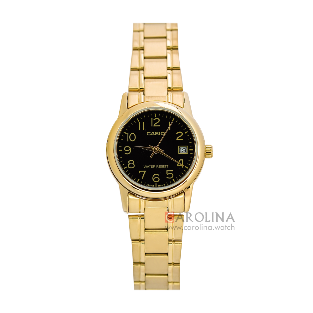 Jam Tangan Casio General LTP-V002G-1B Women Black Dial Gold Stainless Steel Band