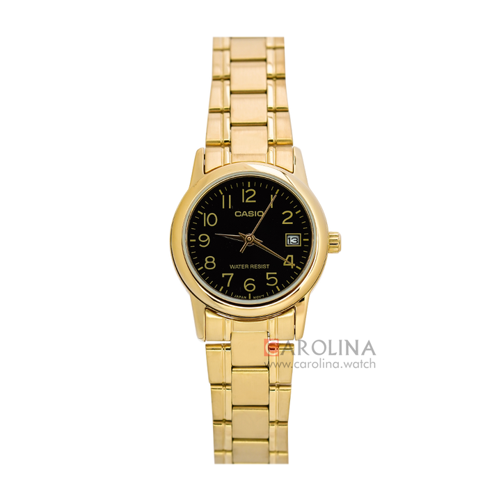 Jam Tangan Casio General LTP-V002G-1B Women Black Dial Gold Stainless Steel Band