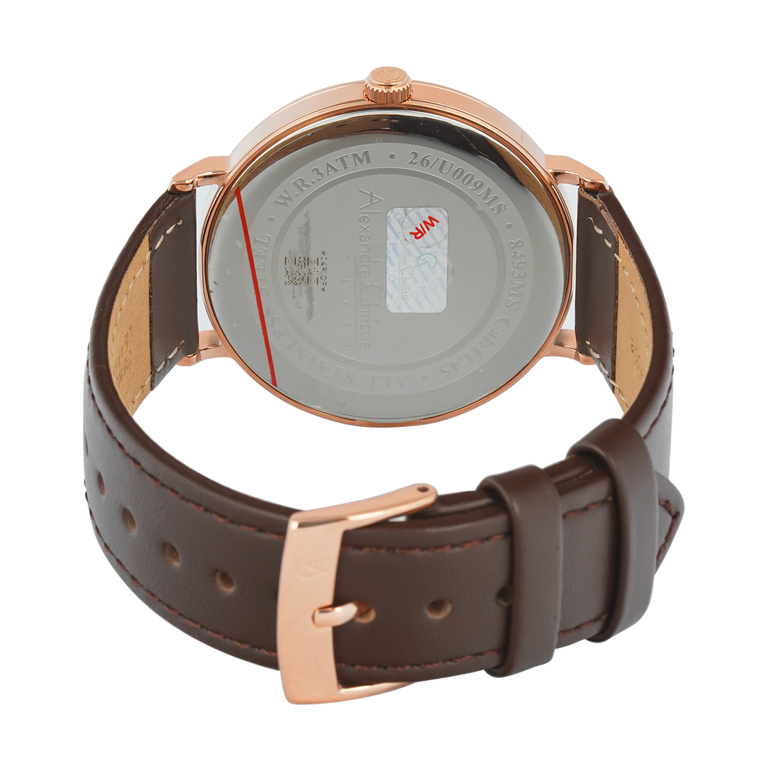 Jam Tangan Alexandre Christie Classic AC 8493 MSLRGSL Men Silver Dial Brown Leather Strap