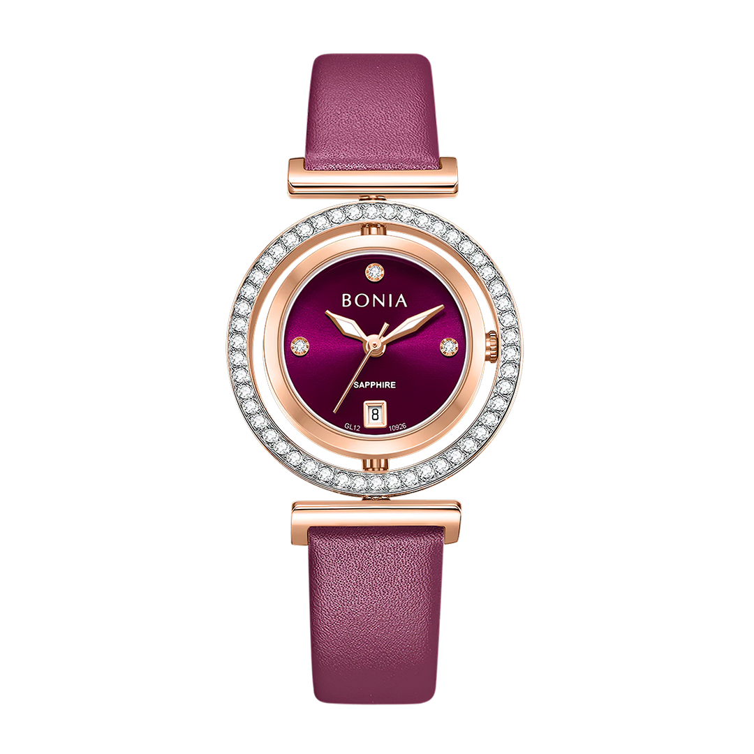 Jam Tangan Wanita Bonia Elegance B10926-2567S Wine Red Dial Wine Red Leather Strap