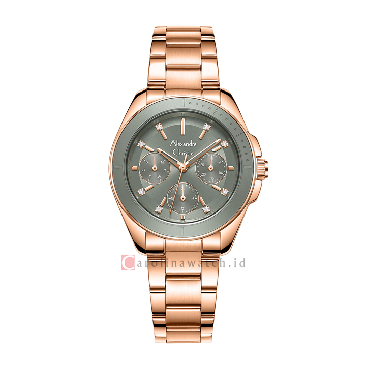 Jam Tangan Alexandre Christie Classic AC 2A68 BFBRGGR Women Grey Dial Rose Gold Stainless Steel Strap