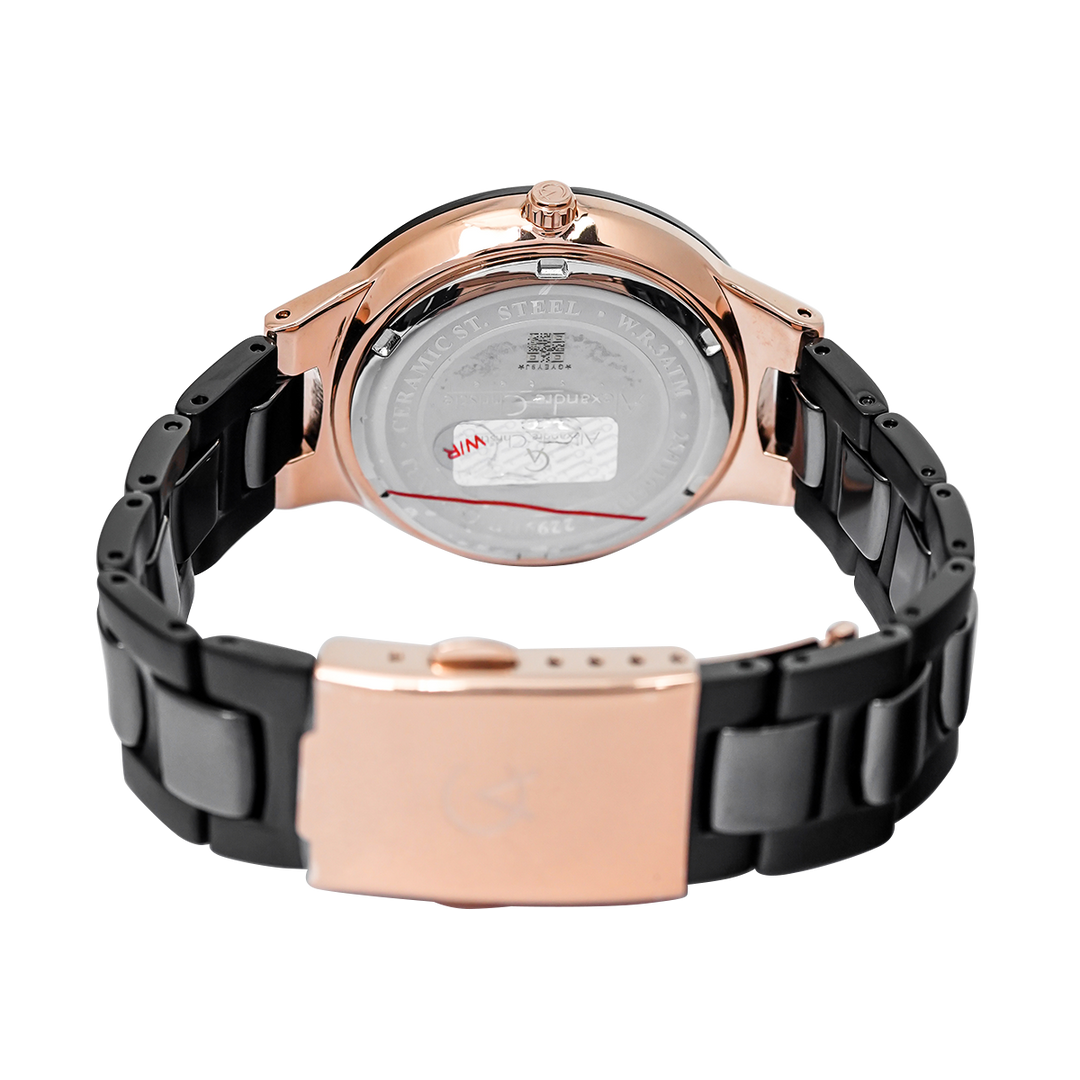 Jam Tangan Alexandre Christie Multifunction AC 2299 BFBBRBA Women Black Dial Black Stainless Steel Ceramic Strap
