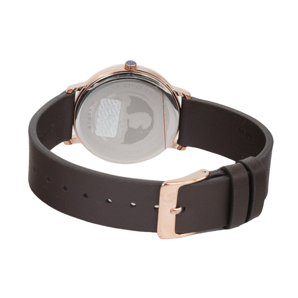 Jam Tangan Alexandre Christie Classic AC 8420 LDLRGSL Women White Dial Brown Leather Strap