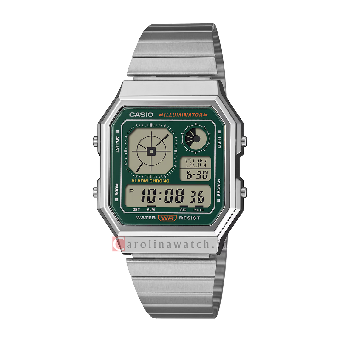 Jam Tangan Casio Vintage A130WE-3A Unisex Green Digital Dial Stainless Steel Strap