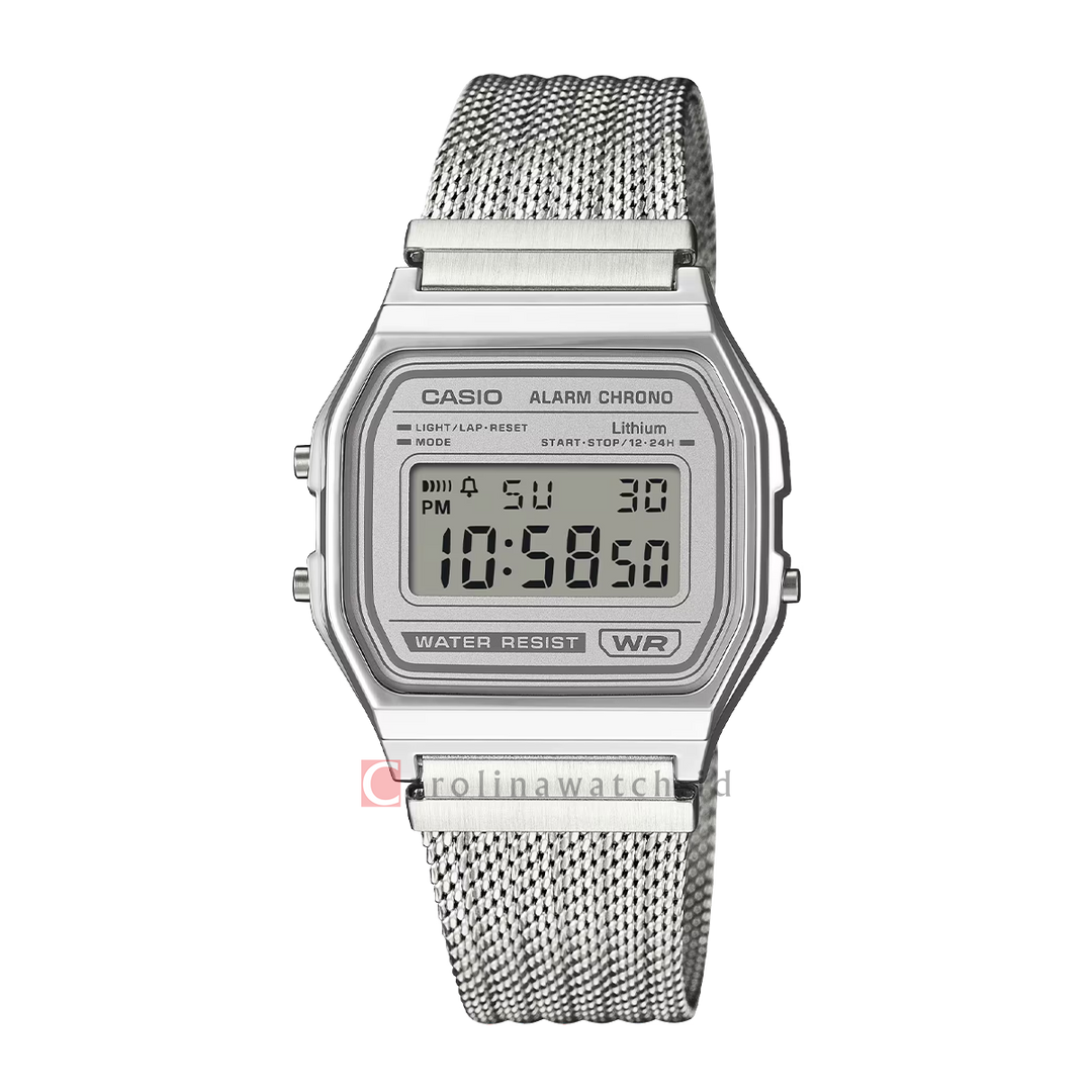Jam Tangan Casio Vintage A158WEM-7D Unisex Digital Dial Stainless Steel Mesh Band