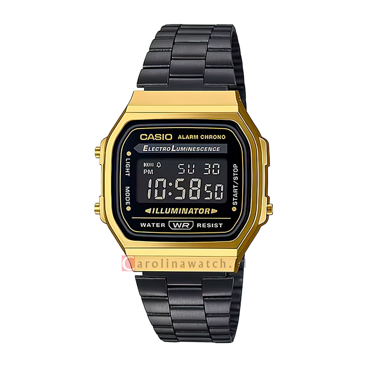 Jam Tangan Casio General A168WEGB-1B Unisex Vintage Digital Dial Black Stainless Steel Strap