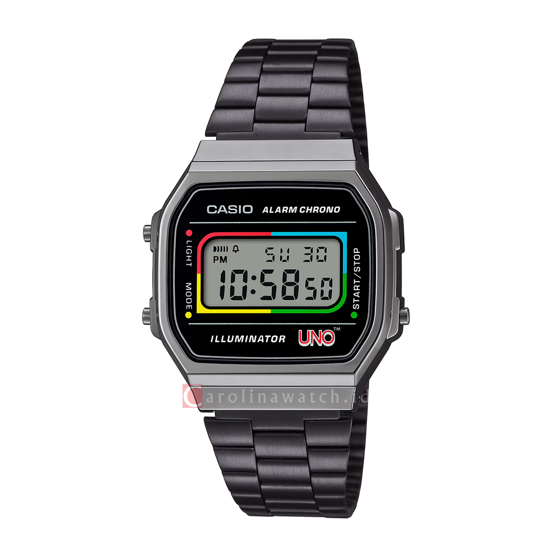 Jam Tangan Casio Vintage A168WEUC-1A UNO™ Collaboration Model Unisex Digital Dial Black Stainless Steel Band