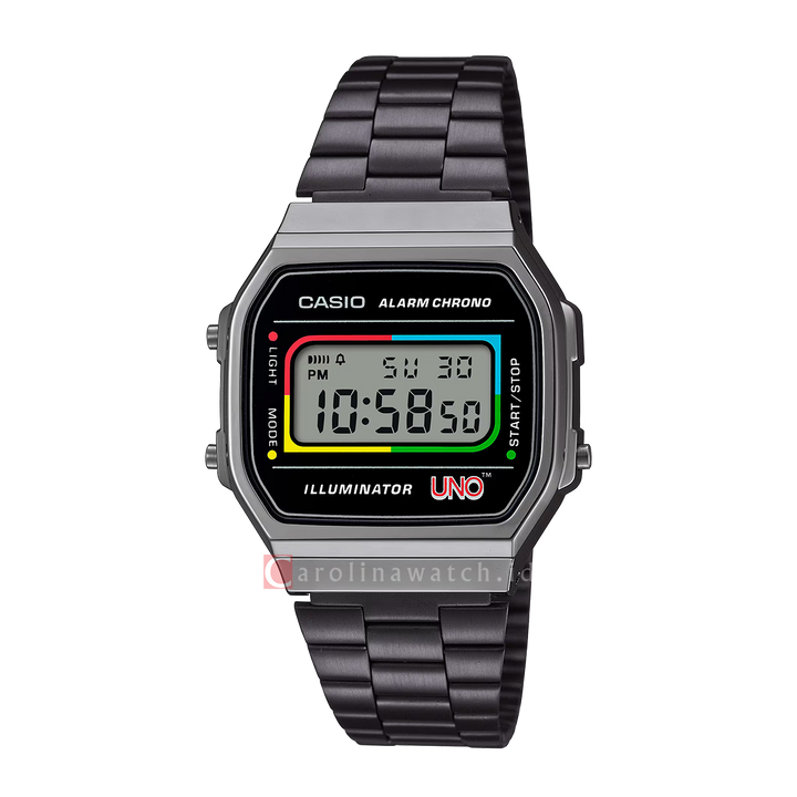 Jam Tangan Casio Vintage A168WEUC-1A UNO™ Collaboration Model Unisex Digital Dial Black Stainless Steel Band