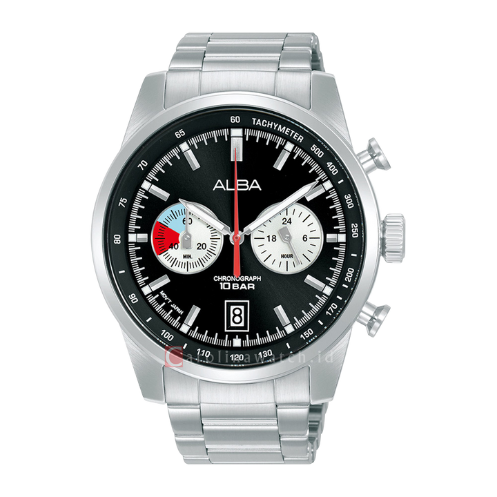 Jam Tangan ALBA Signa A4B001X1 Men Chronograph Black + White Dial Stainless Steel Strap
