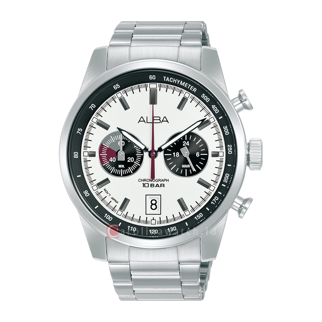Jam Tangan ALBA Signa A4B009X1 Men Chronograph Silver White + Black Dial Stainless Steel Strap
