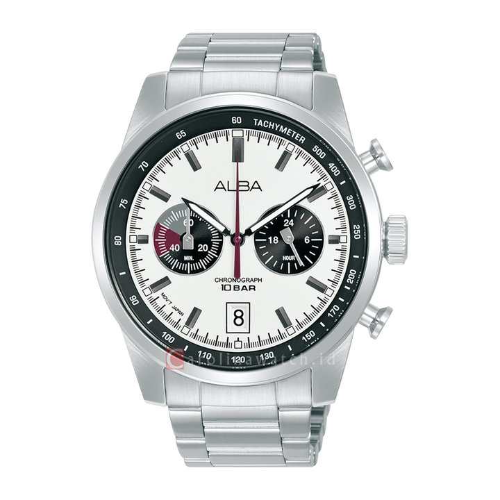 Jam Tangan ALBA Signa A4B009X1 Men Chronograph Silver White + Black Dial Stainless Steel Strap