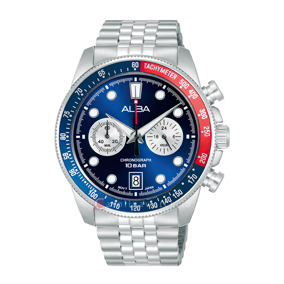 Jam Tangan ALBA A4B025X1 Chronograph Men Blue + Silver Dial Stainless Steel Strap