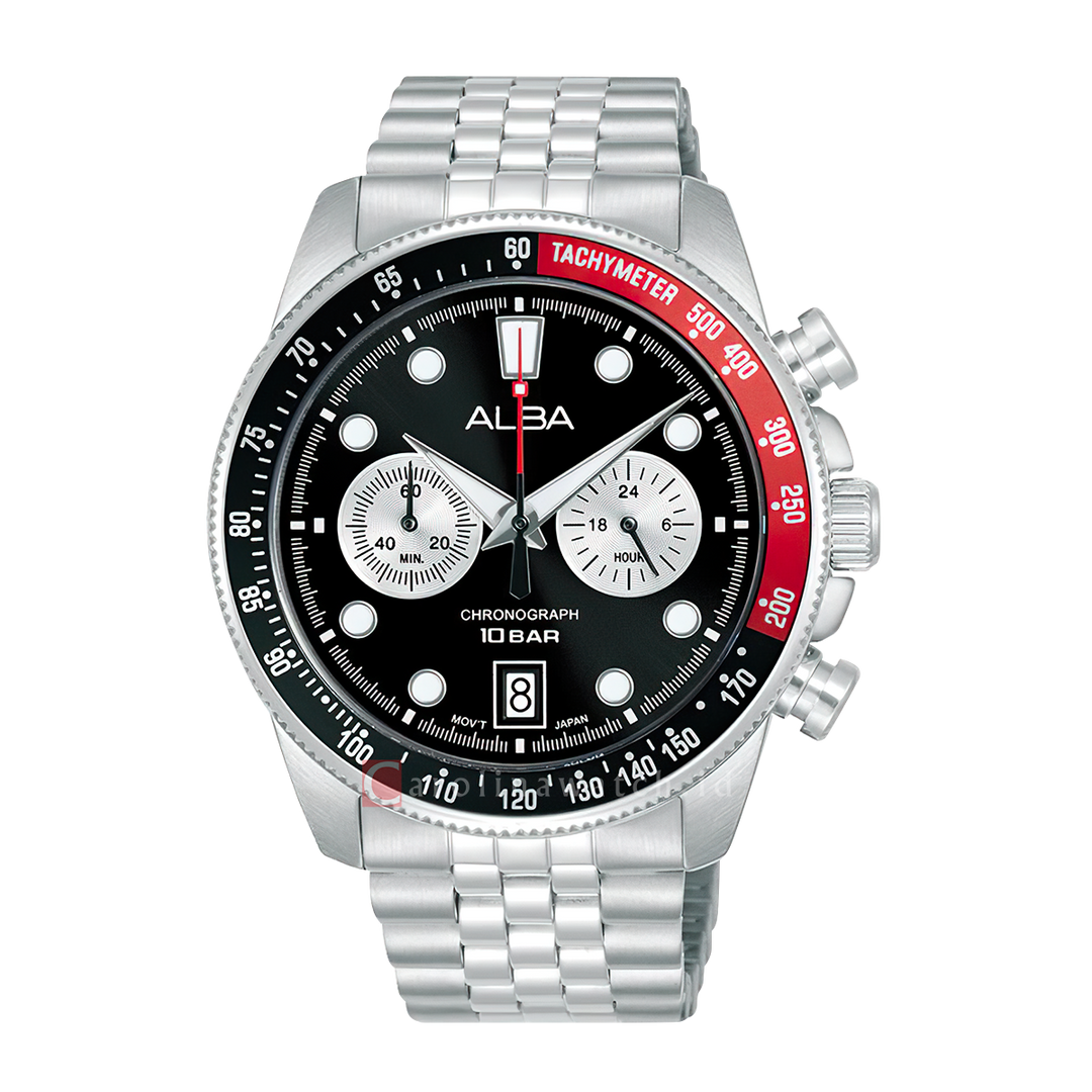 Jam Tangan ALBA A4B027X1 Chronograph Men Black Dial Stainless Steel Strap