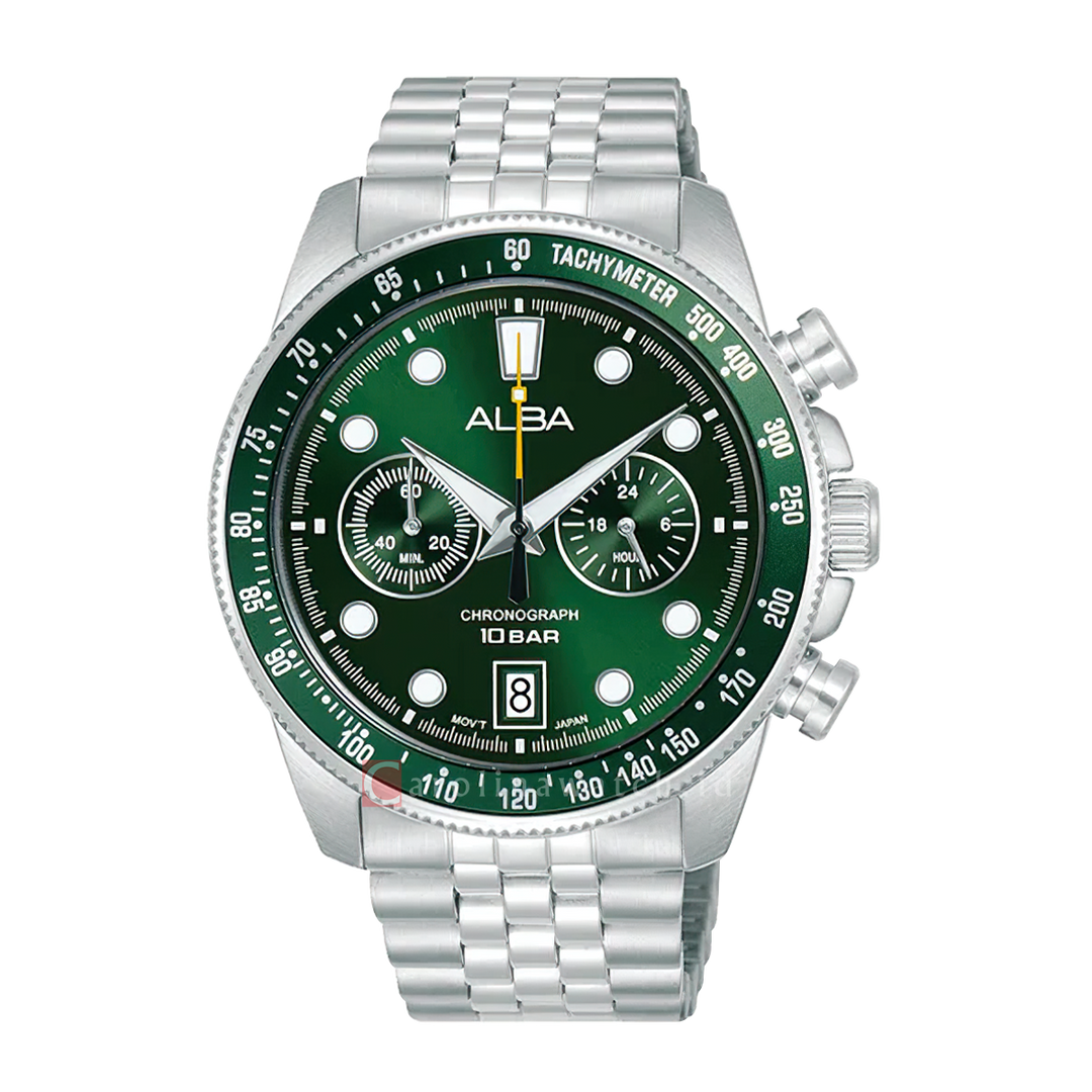Jam Tangan ALBA A4B029X1 Chronograph Men Green Dial Stainless Steel Strap
