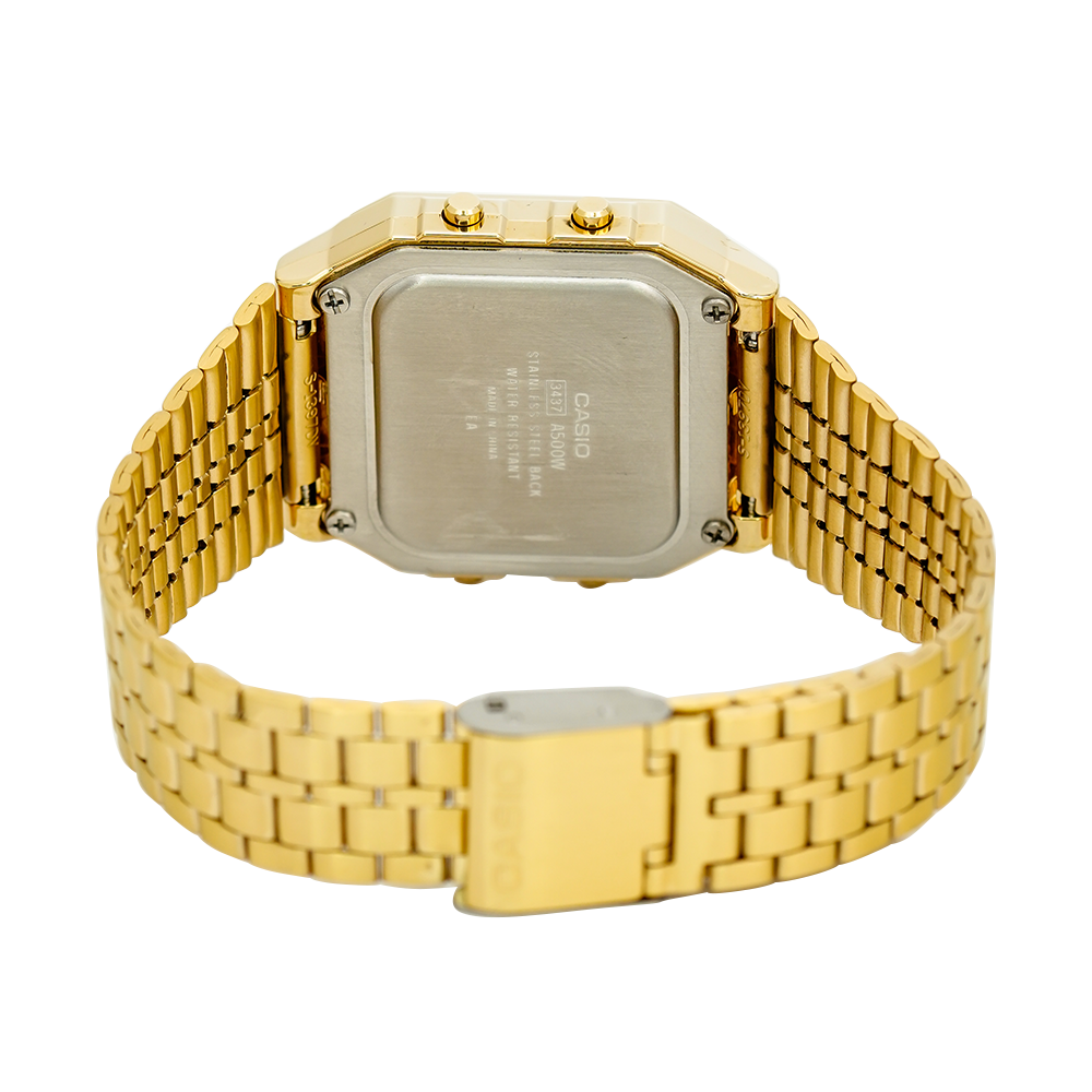 Jam Tangan Casio General A500WGA-1D Unisex Gold Digital Dial Gold Stainless Steel Band