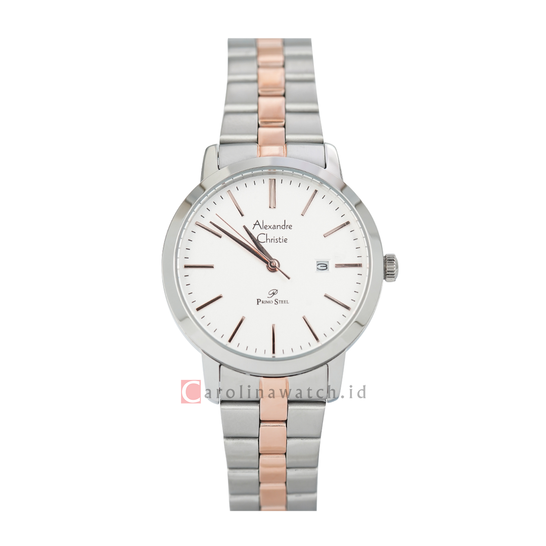 Jam Tangan Alexandre Christie Primo Steel AC 1007 LDBTRSL Women White Dial Dual Tone Stainless Steel Strap