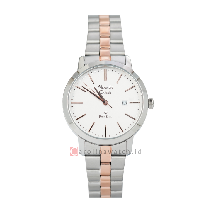 Jam Tangan Alexandre Christie Primo Steel AC 1007 LDBTRSL Women White Dial Dual Tone Stainless Steel Strap