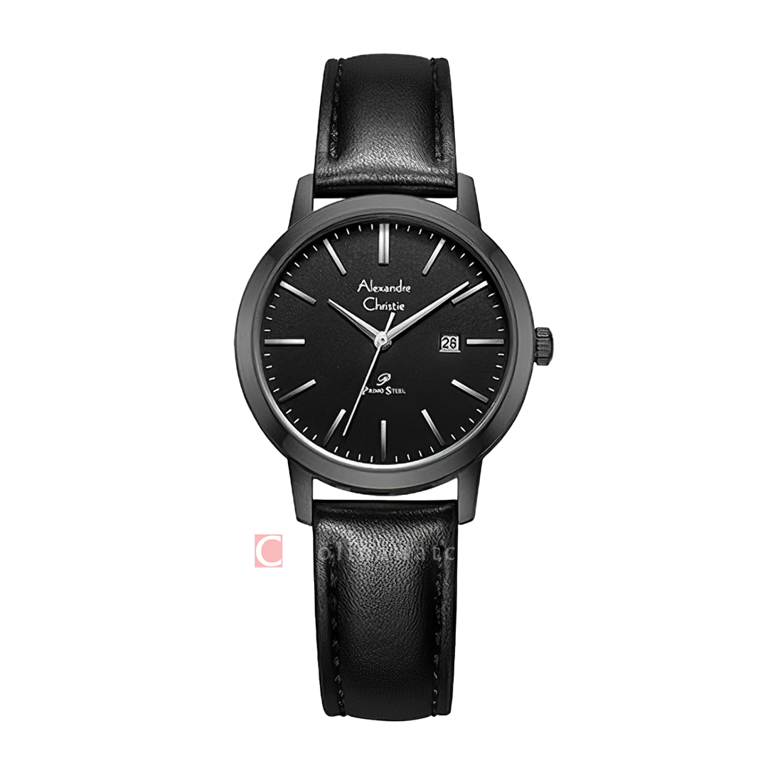 Jam Tangan Alexandre Christie Primo Steel AC 1007 LDLIPBA Women Black Dial Black Leather Strap