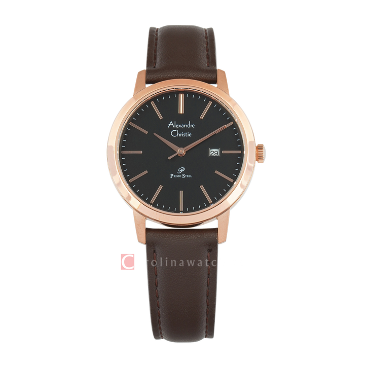 Jam Tangan Alexandre Christie AC 1007 LDLRGBABO Women Black Dial Brown Leather Strap