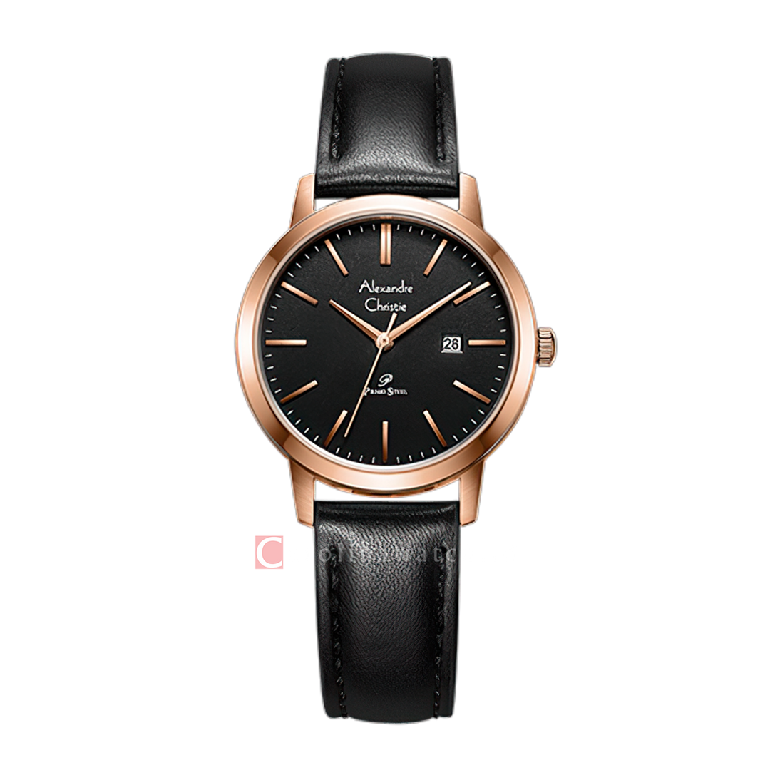 Jam Tangan Alexandre Christie Primo Steel AC 1007 LDLRGBA Women Black Dial Black Leather Strap