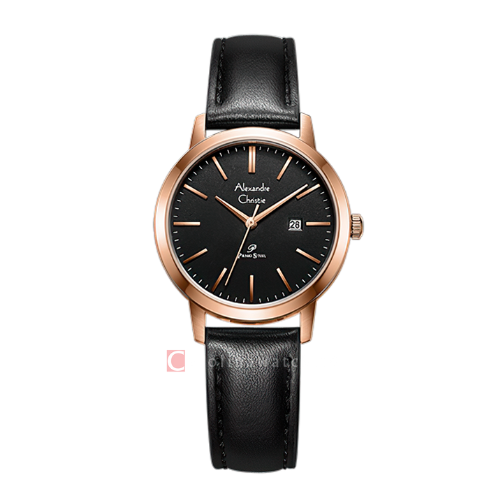 Jam Tangan Alexandre Christie Primo Steel AC 1007 LDLRGBA Women Black Dial Black Leather Strap