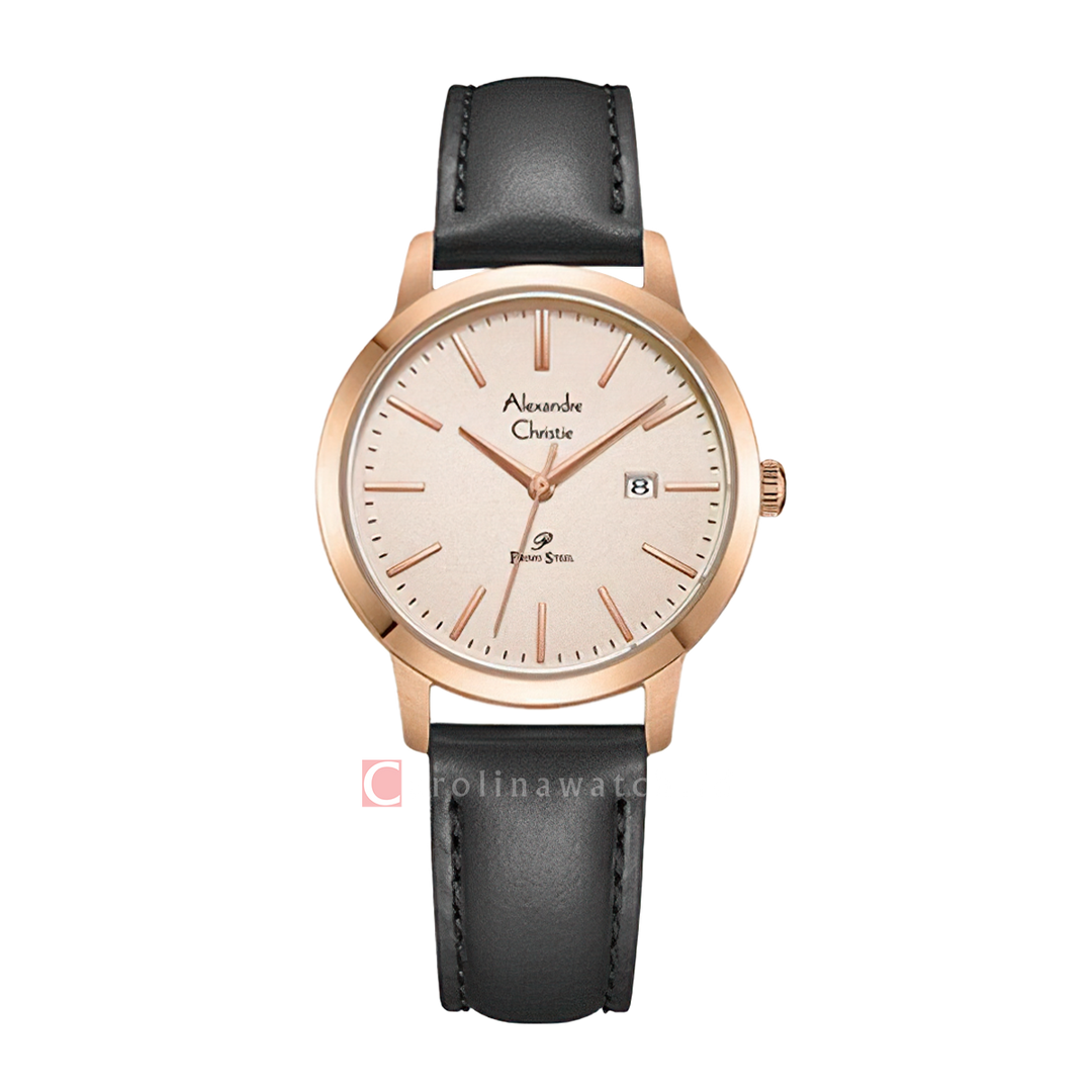 Jam Tangan Alexandre Christie Primo Steel AC 1007 LDLRGLN Women Rose Gold Dial Black Leather Strap