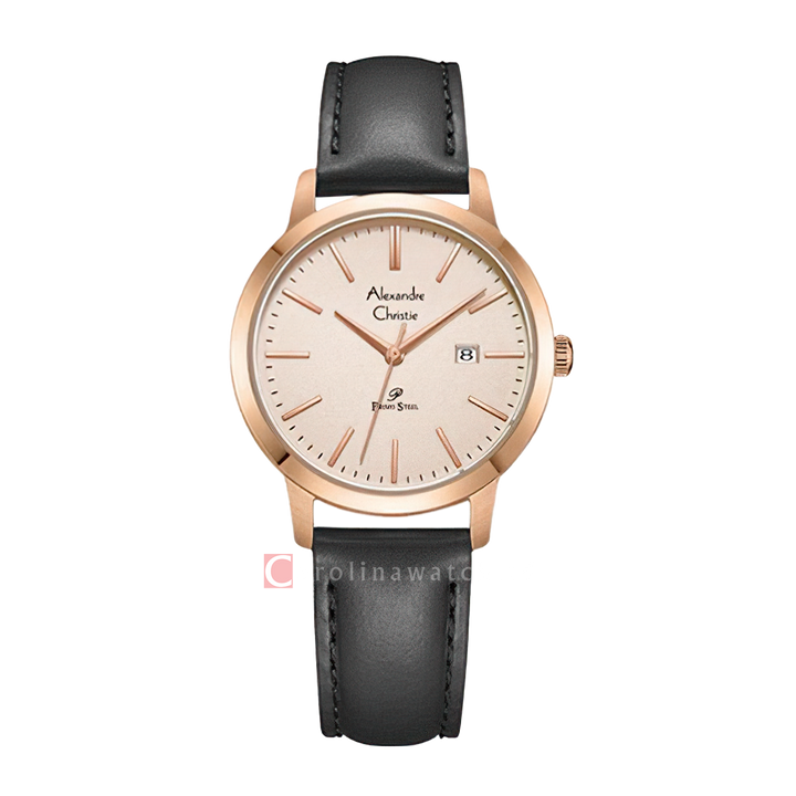 Jam Tangan Alexandre Christie Primo Steel AC 1007 LDLRGLN Women Rose Gold Dial Black Leather Strap