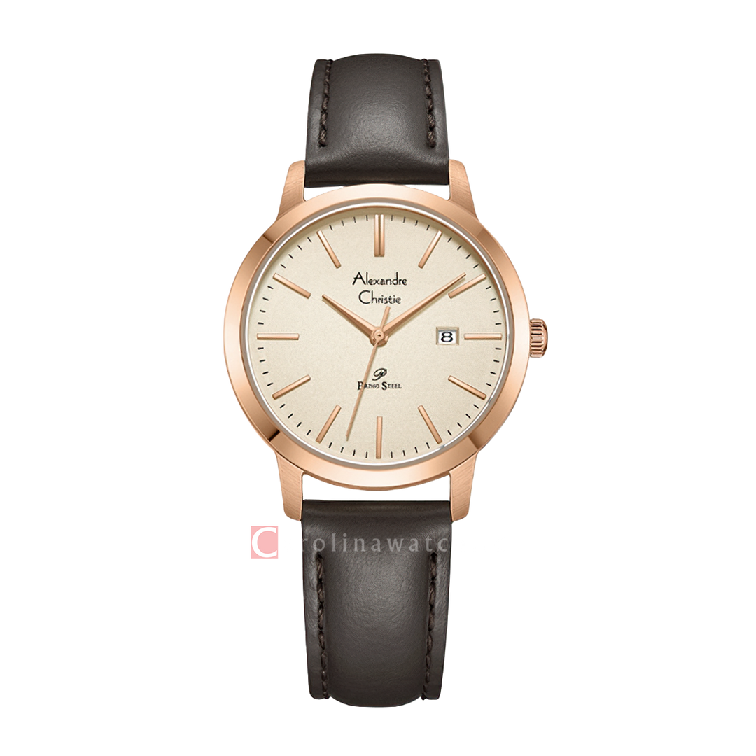 Jam Tangan Alexandre Christie Primo Steel AC 1007 LDLRGLNBO Women Gold Dial Black Leather Strap