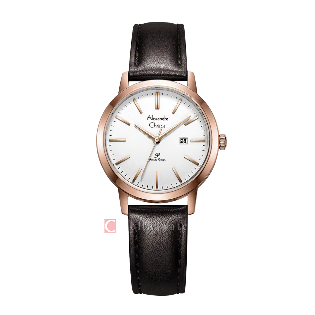 Jam Tangan Alexandre Christie Primo Steel AC 1007 LDLRGSL Women White Dial Dark Brown Leather Strap