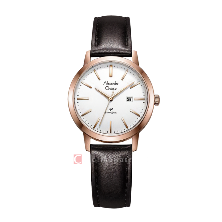 Jam Tangan Alexandre Christie Primo Steel AC 1007 LDLRGSL Women White Dial Dark Brown Leather Strap