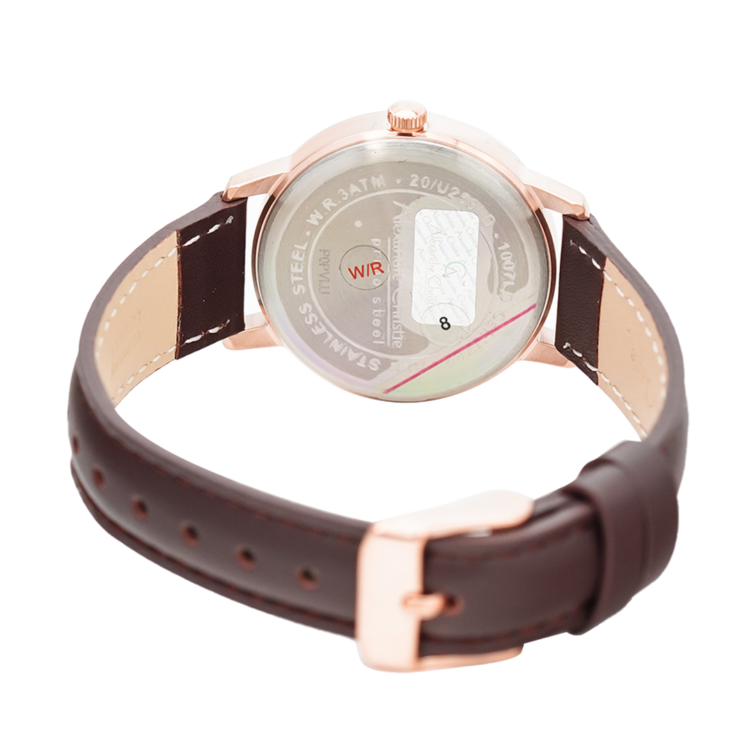 Jam Tangan Alexandre Christie Primo Steel AC 1007 LDLRGSL Women White Dial Dark Brown Leather Strap