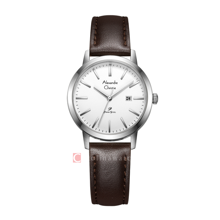 Jam Tangan Alexandre Christie Primo Steel AC 1007 LDLSSSL Women White Dial Brown Leather Strap