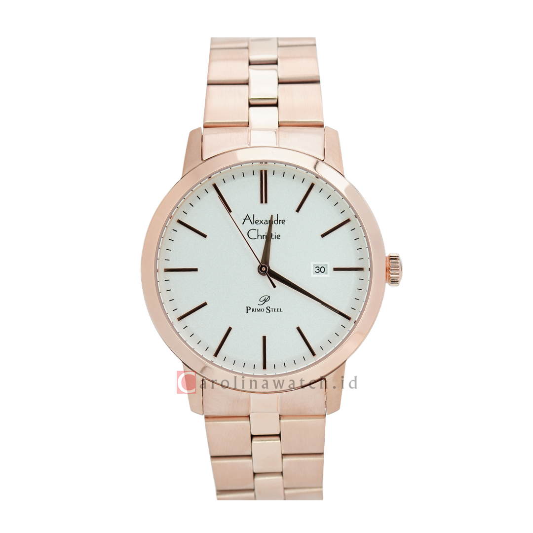 Jam Tangan Alexandre Christie Primo Steel AC 1007 MDBRGSL Men White Dial Rose Gold Stainless Steel Strap