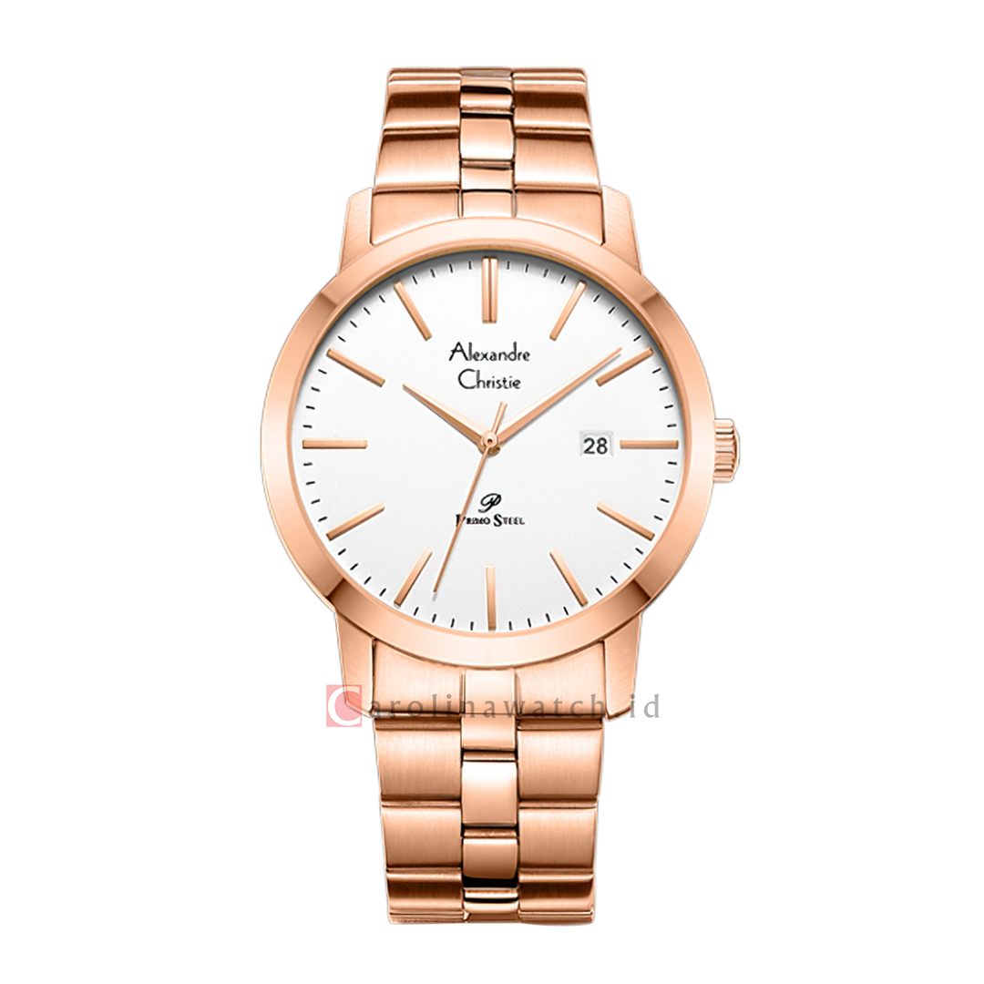 Jam Tangan Alexandre Christie Primo Steel AC 1007 MDBRGSL Men White Dial Rose Gold Stainless Steel Strap
