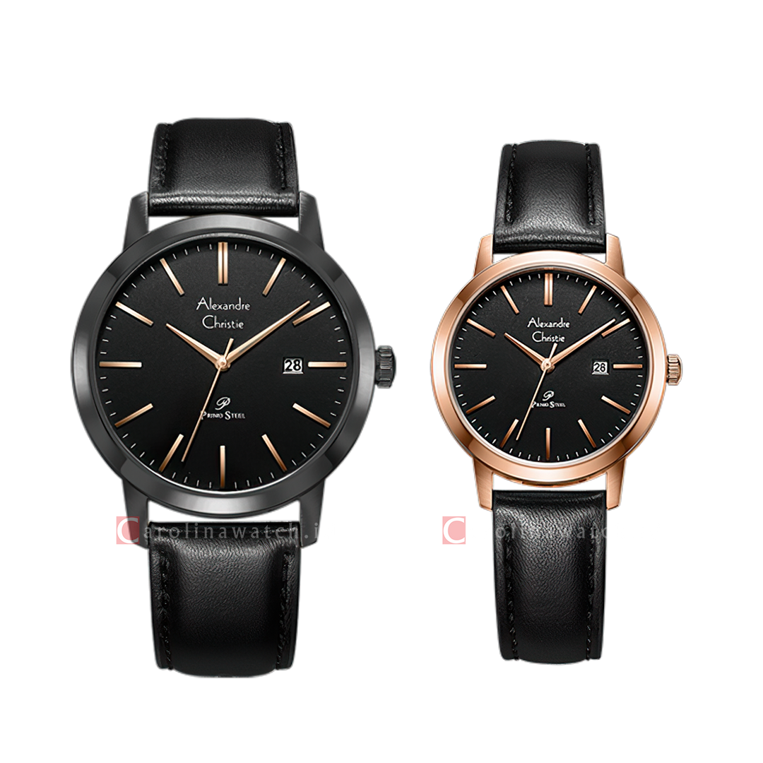 Jam Tangan Couple Alexandre Christie AC 1007 MDLIPBARG/AC 1007 LDLRGBA Black Dial Black Leather Strap