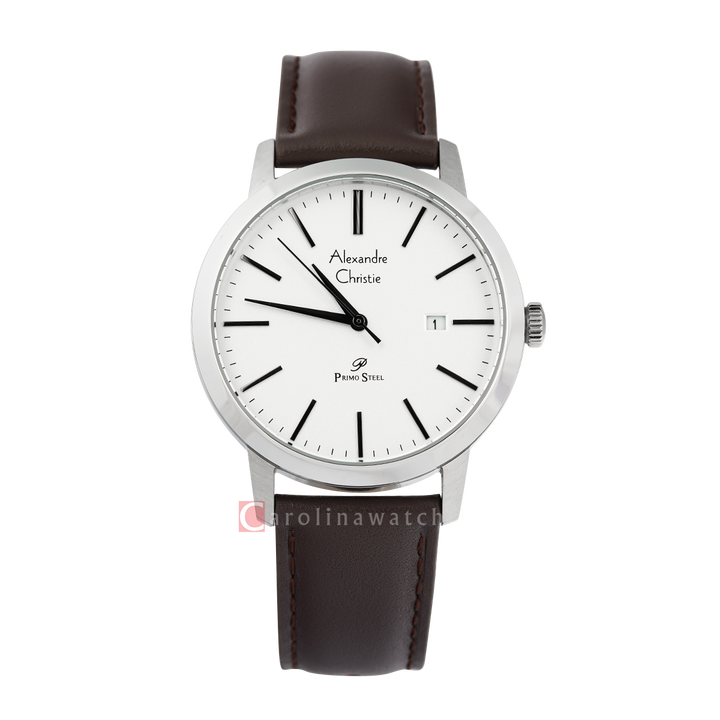 Jam Tangan Alexandre Christie Primo Steel AC 1007 MDLSSSL Men Silver Dial Dark Brown Leather Strap