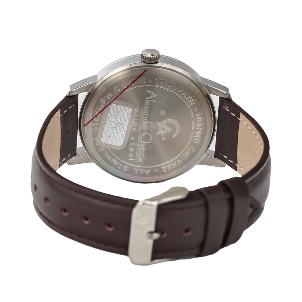 Jam Tangan Alexandre Christie Primo Steel AC 1007 MDLSSSL Men Silver Dial Dark Brown Leather Strap