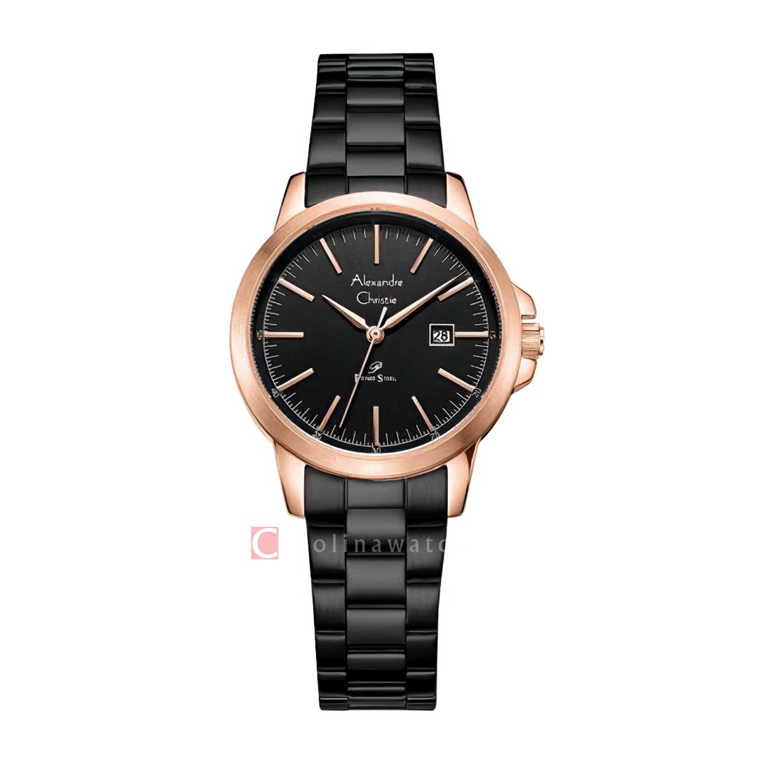 Jam Tangan Alexandre Christie Primo Steel AC 1008 LDBBRBA Women Black Dial Black Stainless Steel Strap