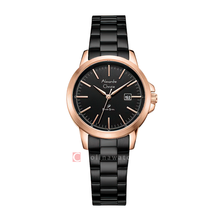 Jam Tangan Alexandre Christie Primo Steel AC 1008 LDBBRBA Women Black Dial Black Stainless Steel Strap