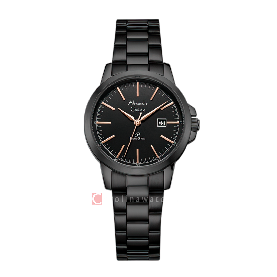 Jam Tangan Alexandre Christie Primo Steel AC 1008 LDBIPBARG Women Black Dial Black Stainless Steel Strap