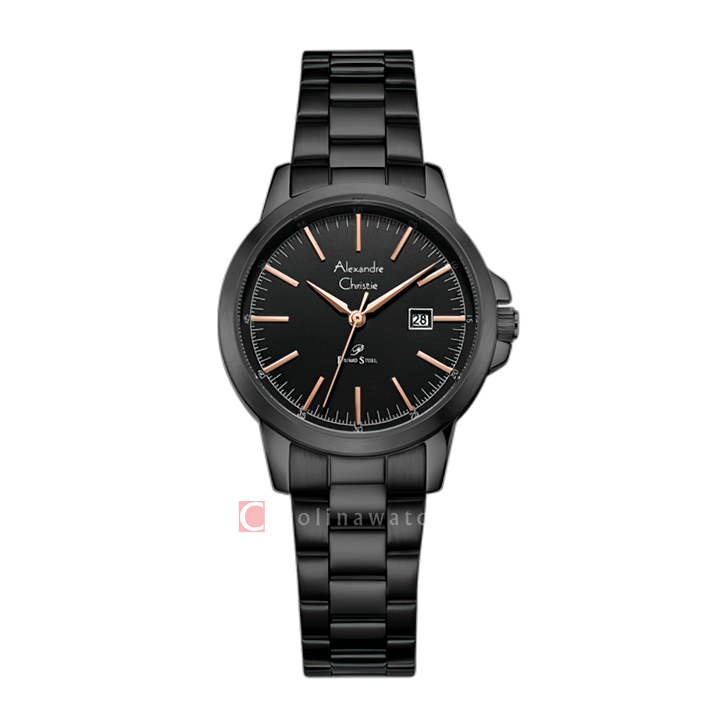Jam Tangan Alexandre Christie Primo Steel AC 1008 LDBIPBARG Women Black Dial Black Stainless Steel Strap
