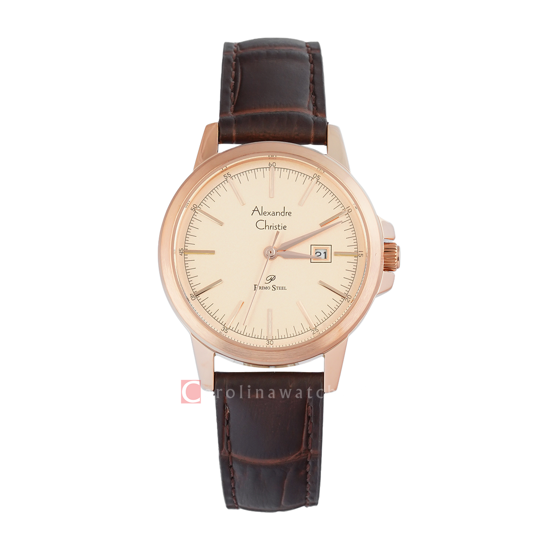 Jam Tangan Alexandre Christie Primo Steel AC 1008 LDLRGLN Women Rose Gold Dial Black Leather Strap