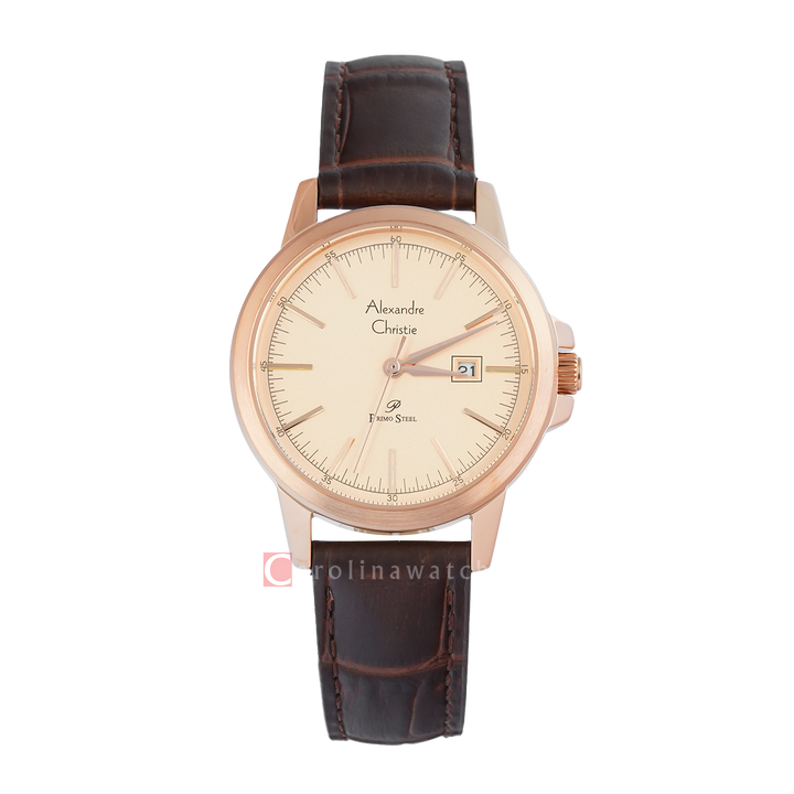 Jam Tangan Alexandre Christie Primo Steel AC 1008 LDLRGLN Women Rose Gold Dial Black Leather Strap